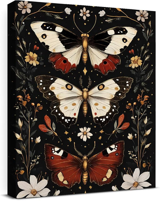 Aesthetic Moths Wall Art Decor Gothic Dark Academia Moth Canvas Print Poster Botanical Framed Painting Wall Decorations for Home Farmhouse Living Room Bedroom Decor 8x10 Inch