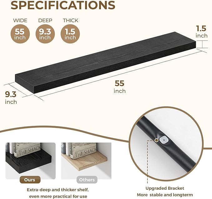 Dreamland 55 Inches Floating Shelves for Wall, 9.3" Deep Long Floating Shelves Set of 1, Large Display & Storage Shelf, Wall Shelf for Bathroom Bedroom Living Room Kitchen Office, Black