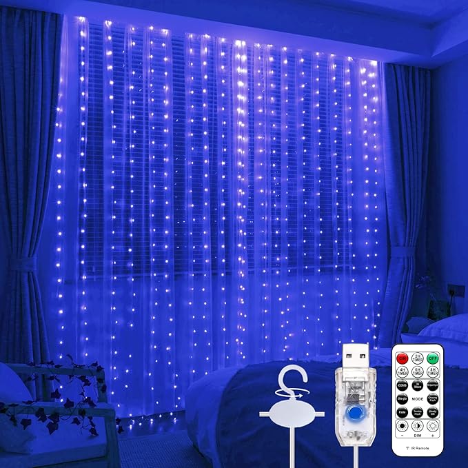 Blue Pixie Curtain Light, 9.8ft x 9.8ft Untangled Copper Wire String Lights, USB Powered Hanging Window Fairy Lights, 8 Lighting Modes, Remote Control for Home Christmas Wedding Party
