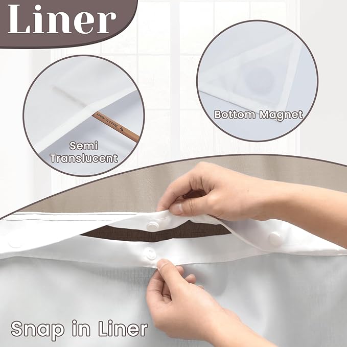 No Hook Slub Textured Shower Curtain with Snap in Liner - Chocolate Fabric Outer Curtain & Waterproof Inner Liner, Hotel Style with See Through Top Window, 71x74 in