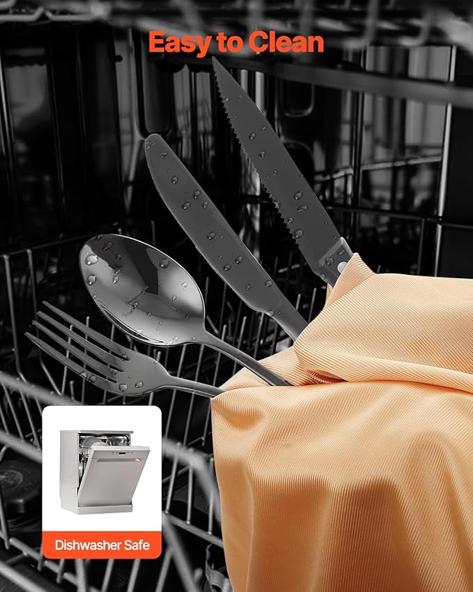 VEVOR 48-Piece Black Silverware Set with Steak Knives, Food-Grade Stainless Steel Flatware Utensils for 8, Mirror Finished Cutlery Set, Dishwasher Safe Eating Tableware for Kitchen Home, Service for 8