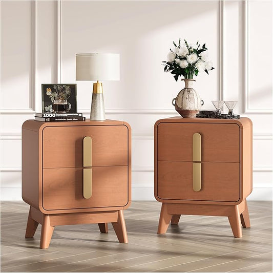 Nights tand Set 2, Mid Century Modern Bedside Table with Drawers, Curved Profile Design End Table with Metal Handle, Nightstand Set of 2 with Storage, Bed Side Tables for Bedroom, Cherry