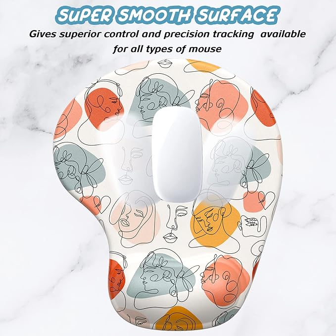 Hsurbtra Ergonomic Mouse Pad with Wrist Rest Support, Gel Mouse Pads with Non-Slip PU Base, Pain Relief Memory Foam Computer Mat, Cute Office Supplies Desk Decro Accessories, Art Face