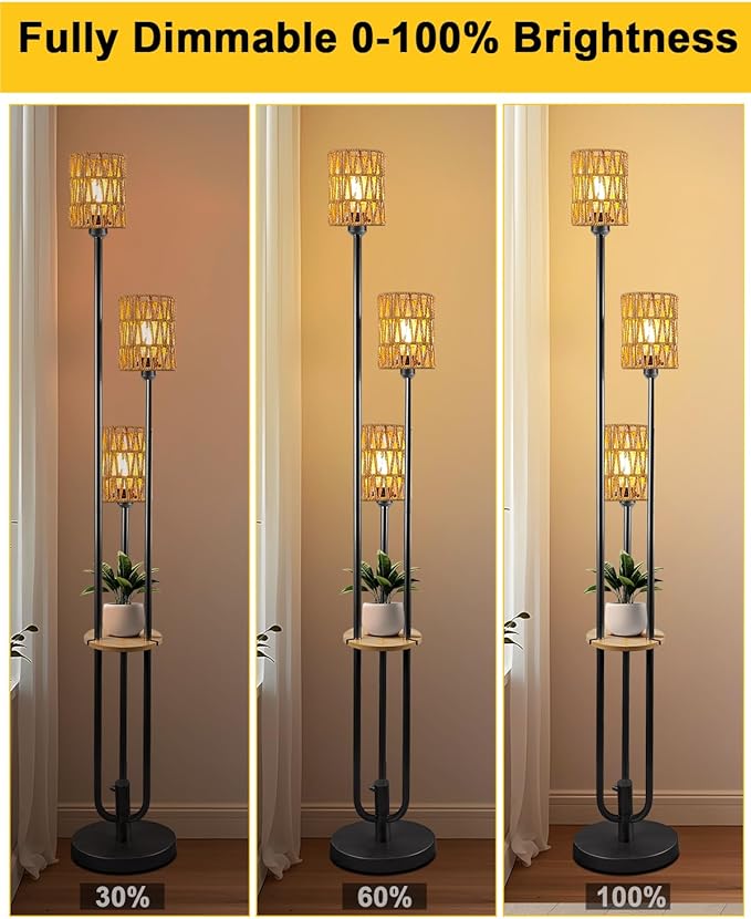 63IN Dimmable Floor Lamp with Shelf, Black Rattan Tall Standing Lamps Candle Holder Style, 3000K Warmwhite Mid Century Modern Floor Lamp for Living Room (Bulbs Included)