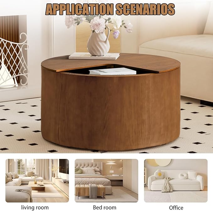 Mid - Century Modern Round Drum Coffee Table with 360° Rotating Desktop & Storage, 27.16" Walnut Small Center Table for Living Room & Home Small Spaces (Brown 27.16)