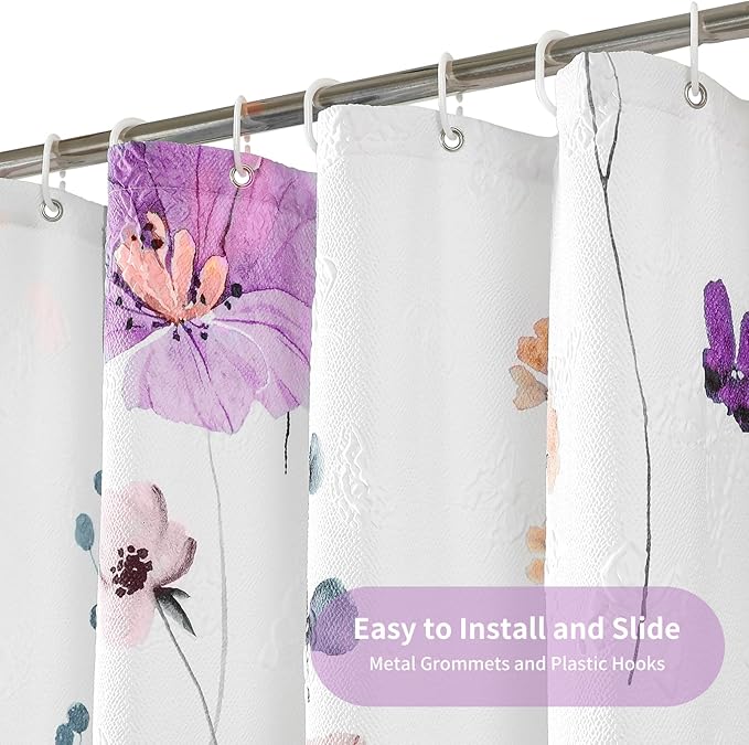 QIYI Watercolor Floral Shower Curtain, 3D Embossed Butterflies Purple Pink Flower Bathroom Curtain, Minimalist White Cloth Bath Curtains, Waterproof Fabric Texture Shower Curtain Set with Hooks, 72x72
