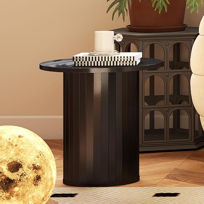 COSVALVE Round Wood Fluted End Table, 15.7” Circle Farmhouse Side Table Sets for Living Room, Bedroom, Balcony, Small Spaces, Black