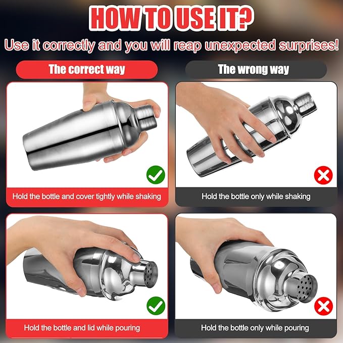 Nitial 9 Pcs Bar Cocktail Shaker Professional Stainless Steel Martini Drink Mixer with Built-in Strainer for Bartending No Leaks Boston Shaker for Bar Party Drink Mixing Tool(18.6 oz)