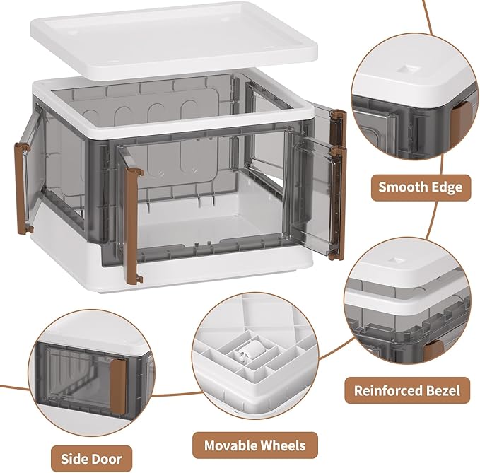 HAIXIN Closet Organizers and Storage, 4 Doors Opening Stackable Storage Box, 6.86 Gal Plastic Dorm Room Essentials, Folding Storage Container with Wheels, Cube Bins for Room Organizer, 3 Pack