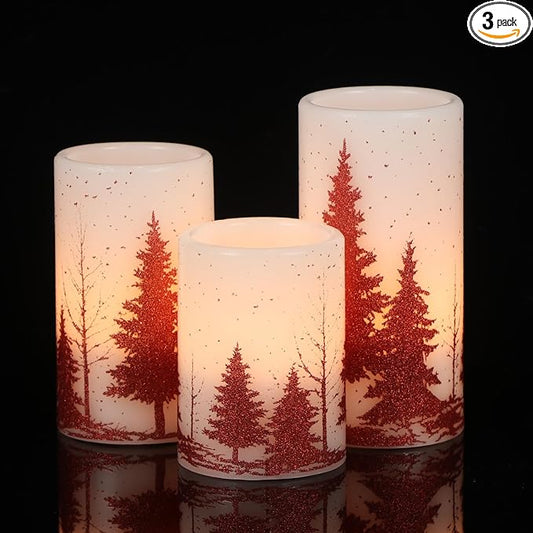 DRomance Christmas Tree Flameless Flickering Candles Battery Operated with 6H Timer, 3 Pack Real Wax Warm Light LED Pillar Candles Dinner Tabletop Holiday Centerpiece Decor 3" x 6"