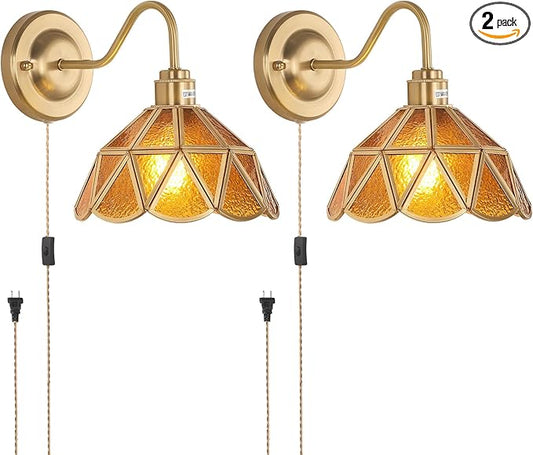 Plug in Wall Sconces Set of 2, Vintage Wall Lamps with Coffee Stone Triangle Checker Glass Shade, Gold Lights Fixture Decor for Bedroom Bathroom Living Room Hallway