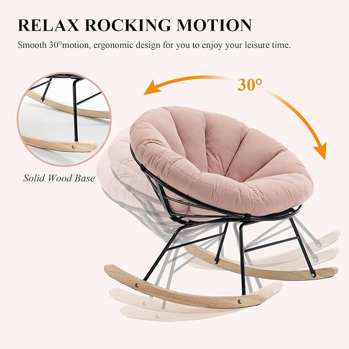 NIOIIKIT Nursery Saucer Rocking Chair, Corduroy Upholstered Round Glider Chair, Nursing Chair with Comfy Cushion, Tufted Papasan Chair, Cozy Reading Chair for Living Room, Bedroom (Pink)