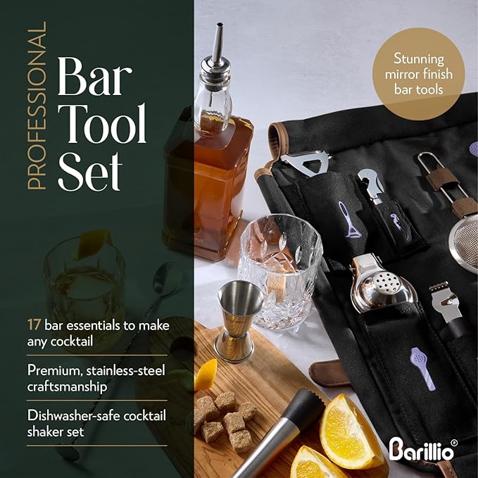 Barillio Bartender Kit Bag with Black Cocktail Shaker Set - Waxed Canvas, Traveling Bar Tools Bag with 17-Pc Cocktail Kit - Travel Mixology Bartending Kits - Mobile Bar Roll with Strap & Accessories