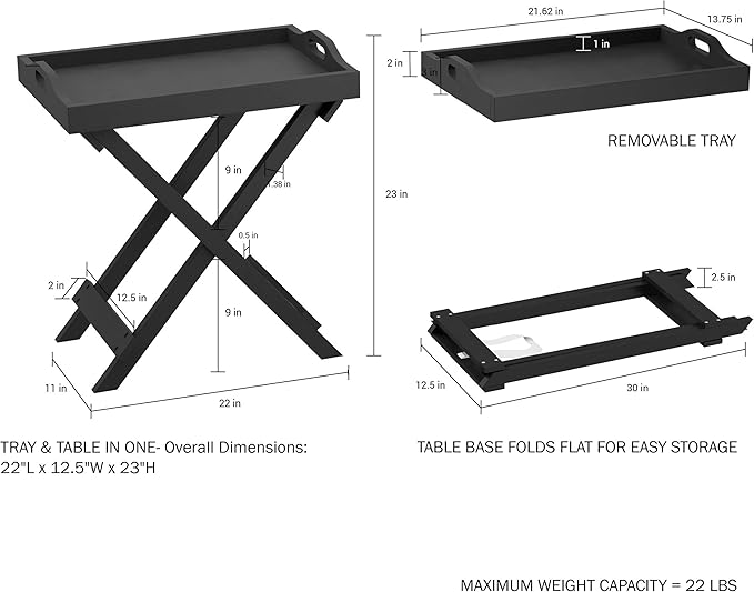 Folding TV Tray Table - Contemporary Side Table with Removable Tray Top for Food Serving, Decor, or Meals - Portable End Furniture for Living Room, Bedroom, or Home Office by Lavish Home (Black)
