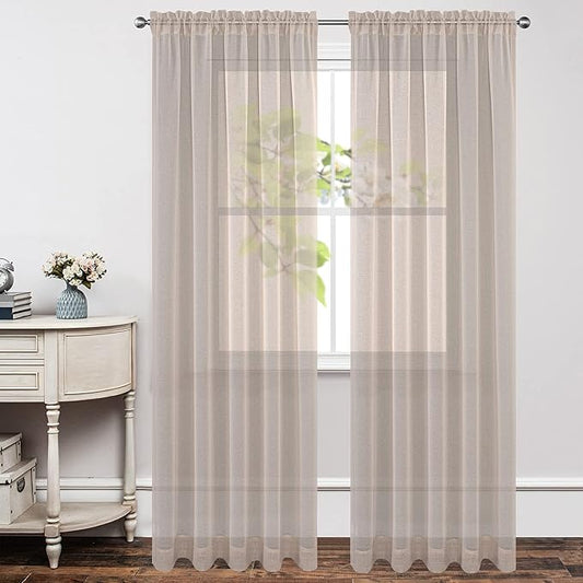 Joydeco Linen Sheer Curtains 96 Inch Length 2 Panels Set, Rod Pocket Long Sheer Curtains for Window Bedroom Living Room, Lightweight Semi Drape Panels for Yard Patio (54x96 inch, Linen)