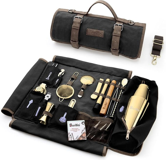 Barillio Bartender Kit Bag with Gold Cocktail Shaker Set - Waxed Canvas, Traveling Bar Tools Bag with 17-Pc Cocktail Kit - Travel Mixology Bartending Kits - Mobile Bar Roll with Strap & Accessories