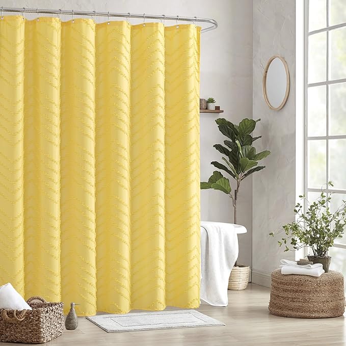 84inches Extra Long Yellow Shower Curtain Boho Farmhouse Shower Curtain 72 x 84 Tufted Chevron Textured Minimalist Shower Curtains for Bathroom