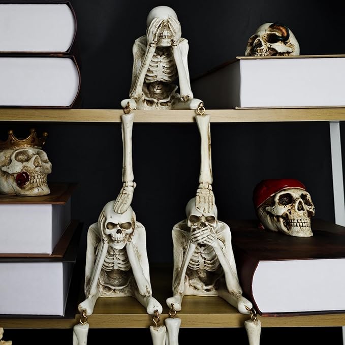 Halloween Skeleton Statues Set of 3 – See No Evil, Hear No Evil, Speak No Evil, Resin Skull Figurines for Gothic Home Decorations, Shelf Mantel Decor, Tabletop Halloween Decor Indoor (3-Piece Set)
