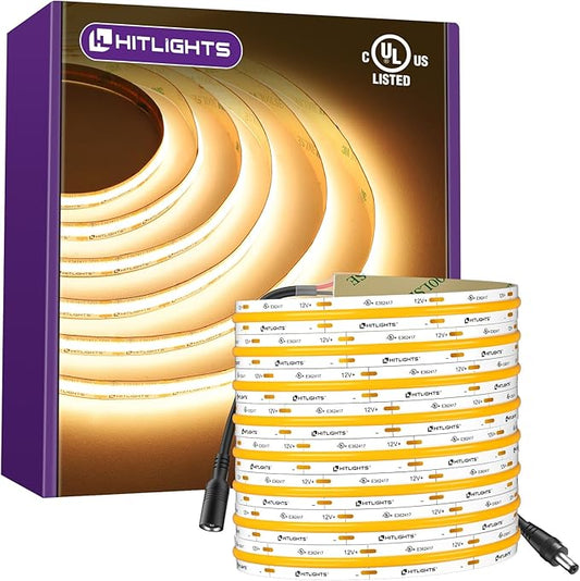 HitLights COB LED Strip Lights Warm White, 12V Tape Light 2700K 16.4ft, 2640 LEDs, 426 lm/ft, CRI 90+, IP30, Premium High Density Lighting for Kitchen, Cabinets, UL Listed (Power Source Not Included)