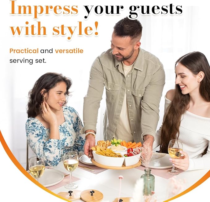 Chip & Dip Serving Set | Appetizer Set With Rotating Bamboo Lazy Susan Tray| White Ceramic Bowls With Bamboo Lids | Black Handle Tray | 11.22” Round Party Platter | Giftable