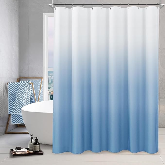 Blue Grey Shower Curtain Ombre Linen Textured Fabric Bath Curtain with Hooks, Modern Decorative Bathroom Shower Curtains for Bathtub Hotel Spa, Light Blue