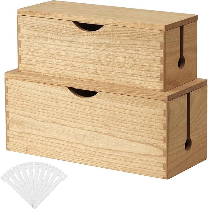 KIRIGEN Cable Management Box Wooden Cord Organizer Hide Power Strip Desk Wires Protector for Home Office TV Computer (DXH2T-NA)