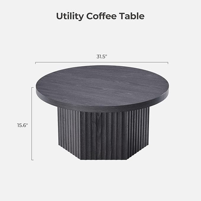 SICOTAS Round Coffee Table for Living Room, Mid Century Modern Fluted Center Coffee Table with Storage, 32" Circle Accent Tea Dining Table for Apartment, Dark Grey Alder