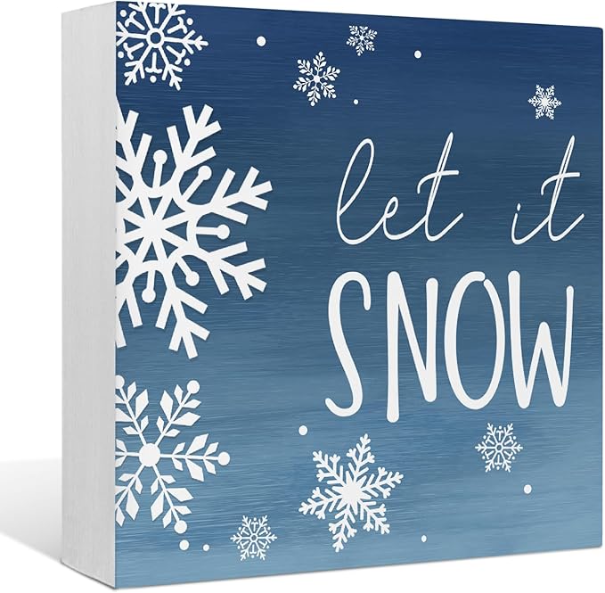 EIONEY Let it Snow Christmas Decorations Wood Box Sign,Rustic Farmhouse Winter Christmas Desk Decor,Seasonal Winter Holiday Decor for Home Bedroom Living Room Desk Shelf Table,5x5 Inch