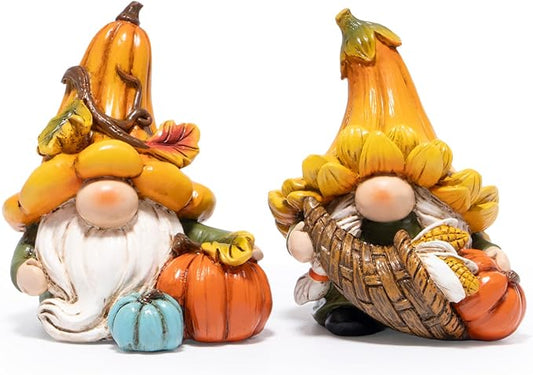 Hodao Fall Decorations for Home, 2 Pcs Thanksgiving Gnome Figurines Resin Autumn Pumpkin Gnomes Statues, Cute Fall Thanksgiving Decor for Home Table Shelf, Perfect Fall Gift for Family Friends
