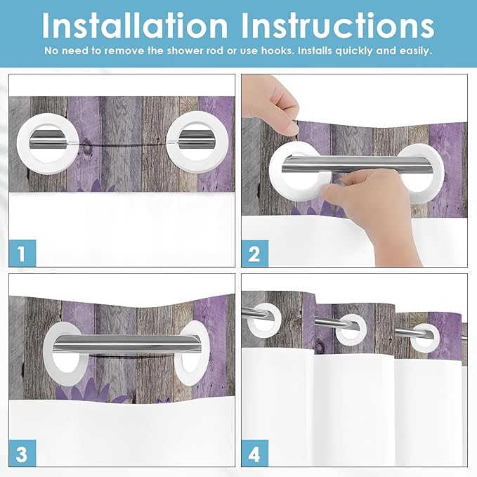 No Hook Rustic Farmhouse Shower Curtain with Snap in Fabric Liner Set, Purple Daisy Flowers and Butterfly on Wooden Double Layers Waterproof with See Through Top Bath Curtain 71x74 Inch