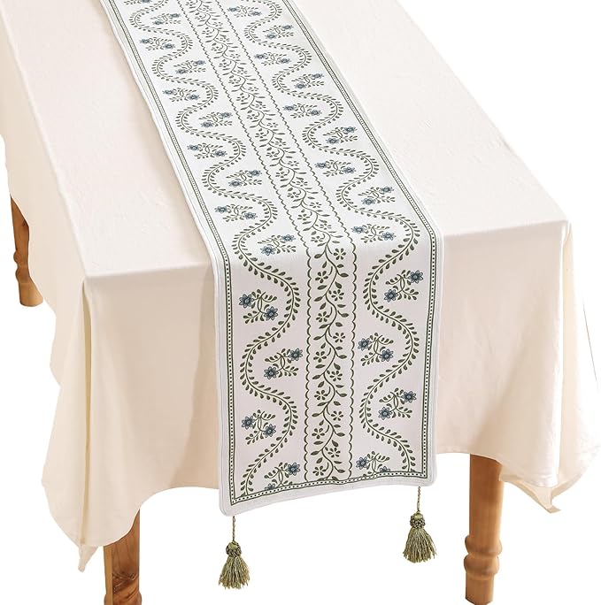 ISAENNE Designer White Elegant Linen Table Runner 71 Inches Long,Chinoiserie Floral Decor Durable Table Runners for Dining Tables,Thanksgiving,Kitchen Tables,Christmas,12"*71"-Mosella D