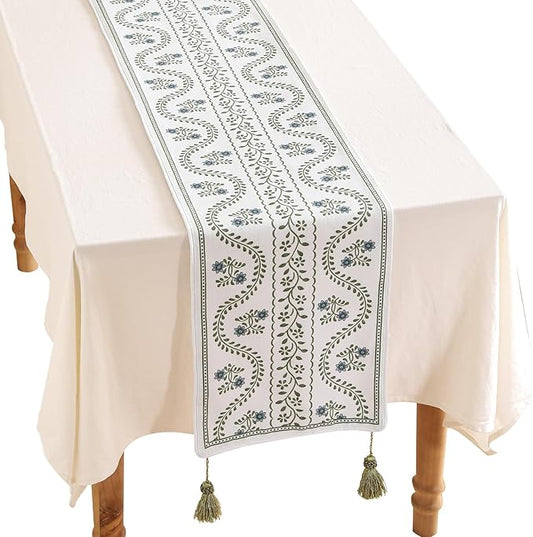 ISAENNE Designer White Elegant Linen Table Runner 102 Inches Long,Chinoiserie Floral Decor Durable Table Runners for Dining Tables,Thanksgiving,Kitchen Tables,Christmas,12"*102"-Mosella D