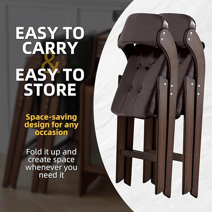 Wood Folding Chair with Padded Seats Set of 2, Foldable Dining Chair with Cushion, Comfortable Extra Chair, Portable Foldable Seating for Indoor Outside Events, Party, Wedding (Walnut Brown)