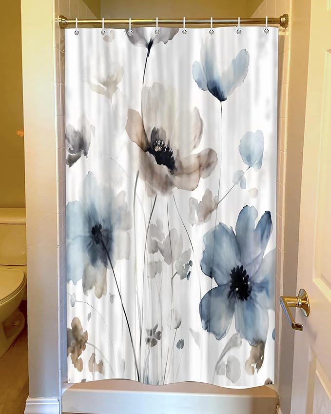 Sanzugh Boho Floral Small Camper RV Shower Curtain for Travel Trailer Bathroom, Cream Tan Beige Blue Camping Fabric Shower Curtains Set, Happy Camp Outdoor Decor Accessories with Hooks 47X64 inch
