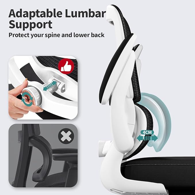 TRALT Office Chair - Ergonomic Desk Chair with Adjustable Lumbar Support, Mesh Computer Chair, Executive Chairs for Home Office Comfortable Lumbar Support (White+Black)