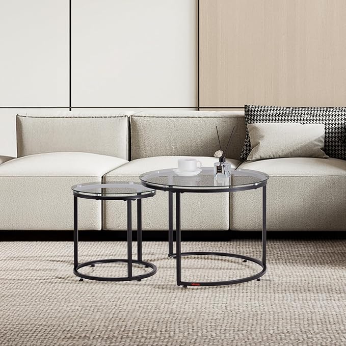 VEVOR Nesting Tables, Glass Coffee Table Set of 2, 23.6 inch Round Coffee Table, Small Coffee Tables Night Stand with Metal Frame, for Living Room, Bedroom, Office