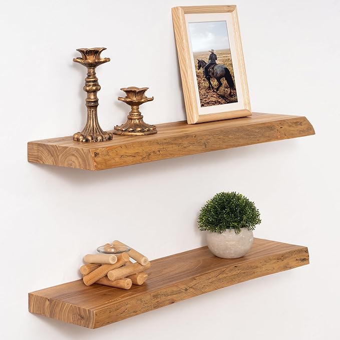 Marsmiles 24 inch Floating Shelves for Wall Elm Wood Live Edge Shelves|Rustic Wall Shelves with Invisible Heavy-Duty Bracket for Bathroom Living Room Kitchen|Natural, 2 Pack