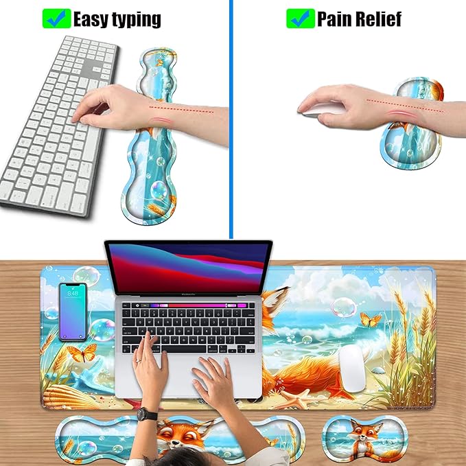 4 in 1 Ergonomic Keyboard Wrist Rest & Mouse Pad Wrist Rest Set, Large XXL Gaming Desk Mat 31.5"x 11.8" with Non-Slip Base, Memory Foam for Home Office Study Gaming, Fox