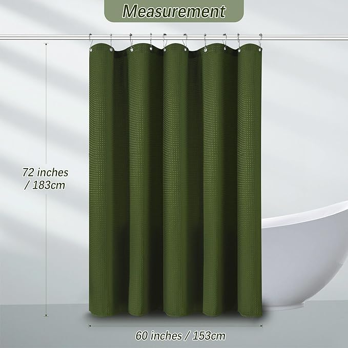 60 inch Waffle Shower Curtain - Heavy Duty Thick Fabric Green Shower Curtains for Bathroom, Weighted Hotel Spa Luxury Water Repellent Cloth Bath Curtain with 10 Hooks, 60Wx72H