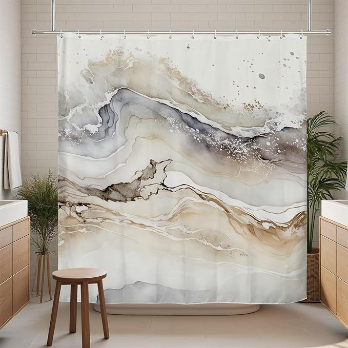 Renaiss Tan Marble Shower Curtain Modern Beige Waterproof Fabric Minimalist Shower Curtains Set Hooks Absract Taupe Ombre Aesthetic Luxury Hotel Bathroom Decorative Shower Curtain 72" W x 84" L