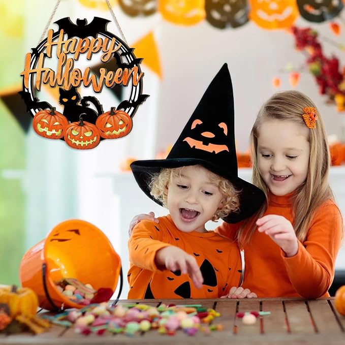 HPNIUB Halloween Door Decorations, Halloween Wreath Scary Pumpkin Black Cat Bat Front Door Hanger Wooden Hanging Sign Wall Decor for Room Party Indoor Home Decor