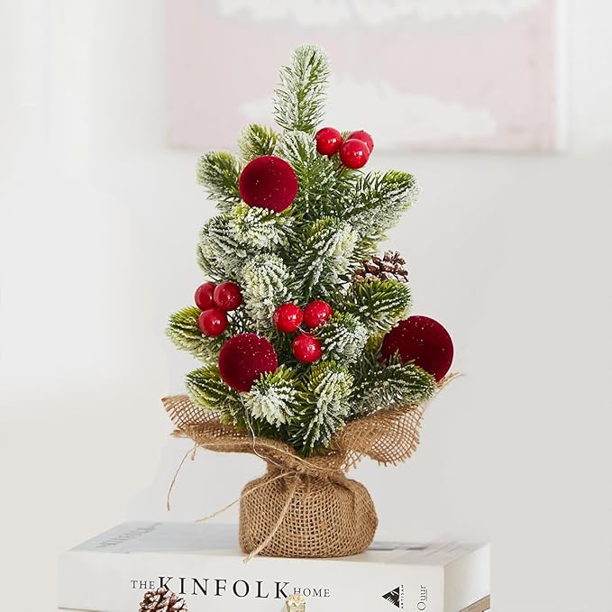 Burlap Small Christmas Tree Decor with Lights - Mini Tabletop Artificial Tree Centerpiece for Indoor Home Office Desk Holiday Decorations(Red Ornament)