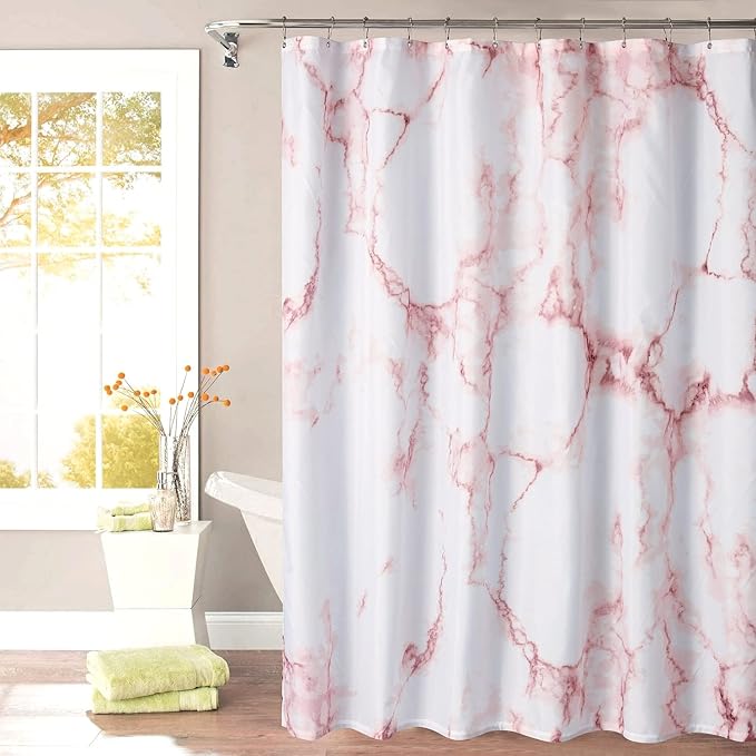 YOSTEV Marble Bathroom Shower Curtain,Pink and White Fabric Shower Curtain with Hooks,Unique 3D Printing,Decorative Bathroom Accessories,Water Proof,Reinforced Metal Grommets,Standard 72x72 Inches