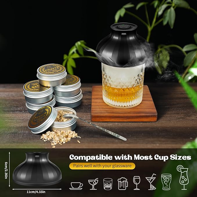 Electric Whiskey Smoker Kit, Rechargeable Cocktail Bourbon Smoker Kit with 6 Wood Chips for Whiskey Cocktails, Old Fashioned Drink Smoker Kit Birthday Christmas Gifts for Men, Dad, Husband (No Butane）