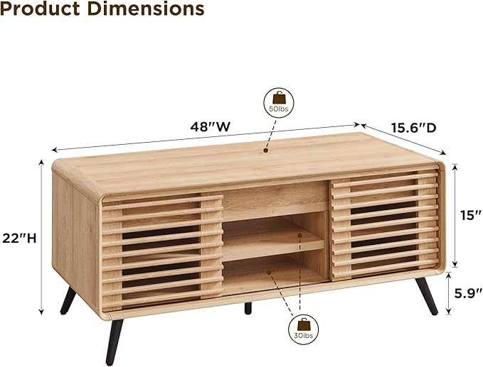 RedLemon 48" Lift top Coffee Table, mid Century Modern Coffee Table with Slatted Sliding Door, Hidden Storage Compartment, 4 Storage Shelves, Center Table for Living Room, Office, Natural Oak