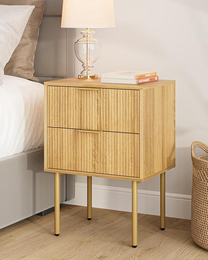 Masupu Night Stand,Mid-Century Modern Bedside Table with 2 Storage Drawer,Small Gold Frame Side End Table for Bedroom,Living Room, Natural
