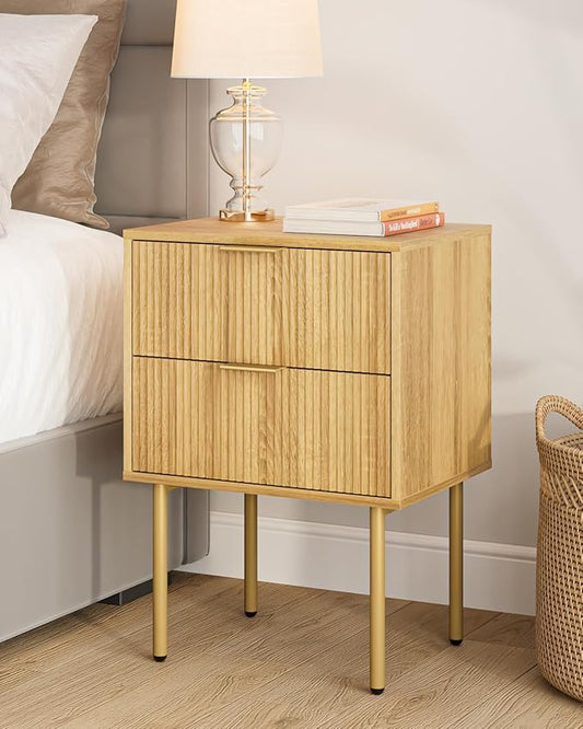 Masupu Night Stand,Mid-Century Modern Bedside Table with 2 Storage Drawer,Small Gold Frame Side End Table for Bedroom,Living Room, Natural