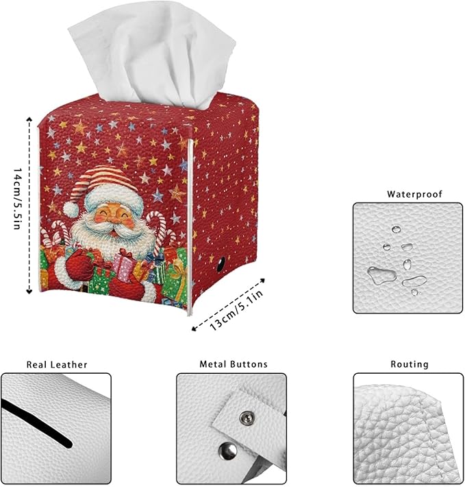 Santa Claus Tissue Box Cover 5.1x5.1x5.1'' Tissue Holder Napkin Dispenser for Home Office Car, Christmas PU Leather Square Napkin Facial Paper Holder Organizer