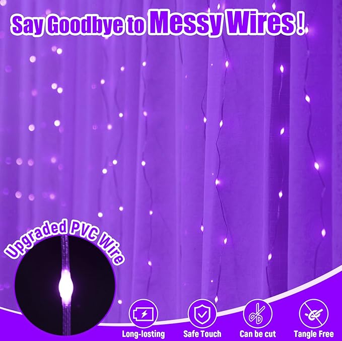 Purple Curtain Light with Untangled Wires for Bedroom, 300LED 9.8ft x 9.8ft Window Fairy Curtain String Light with 16 Hooks, 8 Modes Remote Control for Wedding Party Home Indoor Decorations