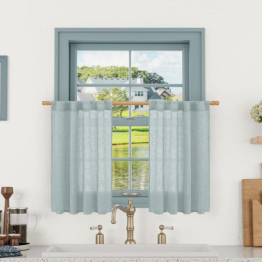 LAMIT Semi Sheer Linen Curtains 36 Inch Length 2 Panels, Light Filtering Panels Back Tab and Rod Pocket Neutral Drapes for Bathroom/Kitchen/Loft Room, Greyish Blue, 25 x 36 Inch